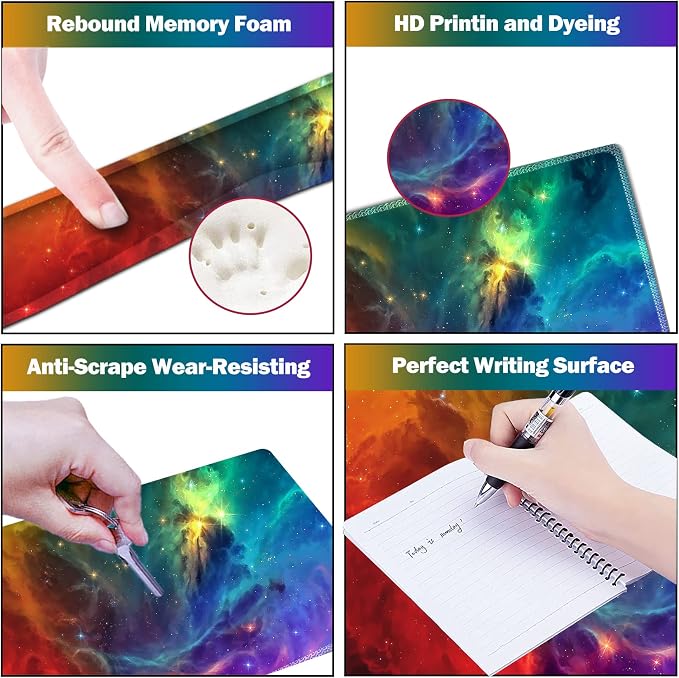 Extended Gaming Mouse Pad Set, Keyboard Wrist Rest Support Pad + Wrist Cushion + XXL Large Mouse Pad + Coaster, Stitched Edge, Non-Slip, Memory Foam Desk Mat, Color Nebula Galaxy