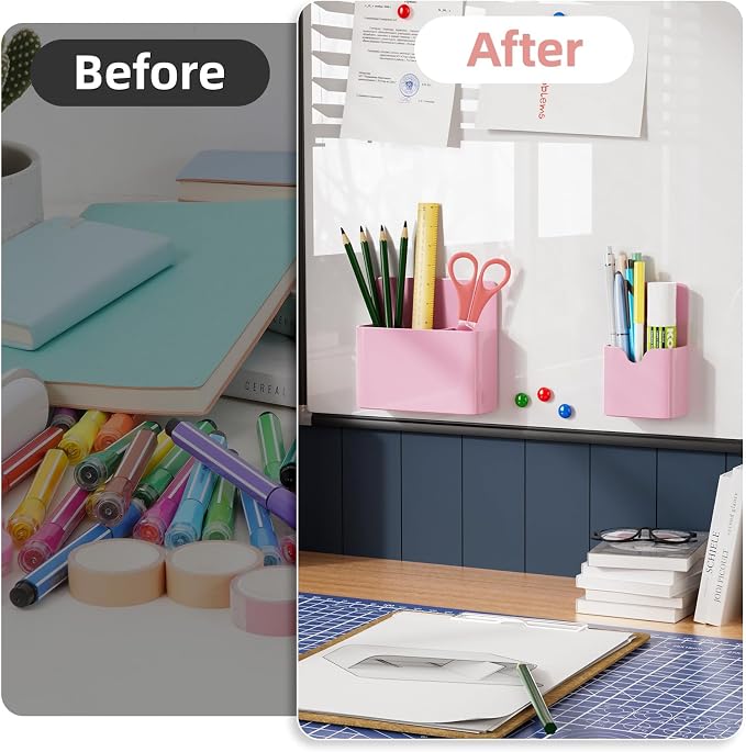Marbrasse Magnetic Dry Erase Marker Holder,Pen and Eraser Holder for Whiteboard，Magnet Pencil Cup Utility Storage Organizer for Office, Refrigerator, Locker and Metal Cabinets (Pink)