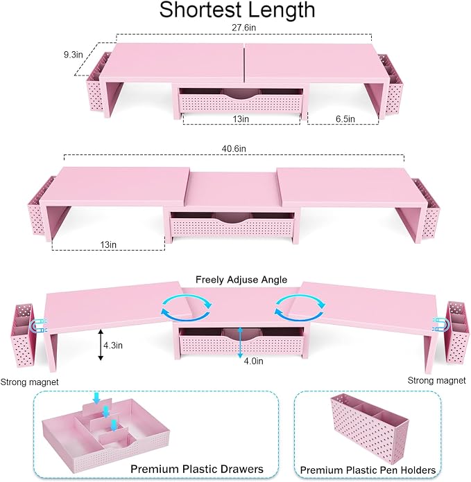 gianotter Dual Monitor Stand Riser With Drawer and 2 Pen Holders | Computer Monitor Stand Desk Organizer and Accessories Desk Shelf for Top of Desk (Pink)