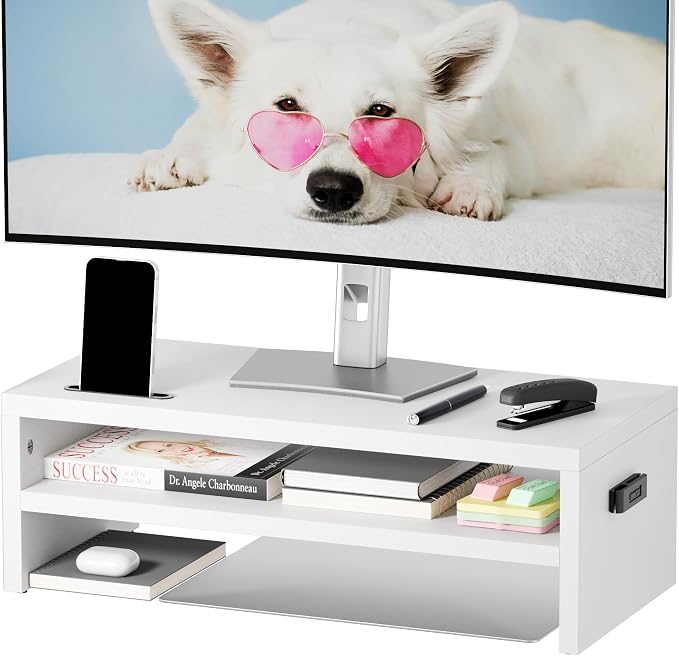 BONTEC Wood Monitor Stand Riser, 2-Tier Desktop Organizer | Ergonomic Computer Stand for Desk, Cable Management, Cellphone Holder, 21.3 Inch Shelf, White
