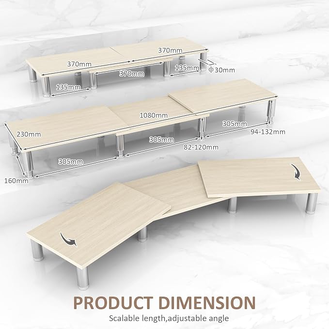 Dual Monitor Riser - Adjustable Length & Angle, Wooden Stand for 2 Monitors with Storage