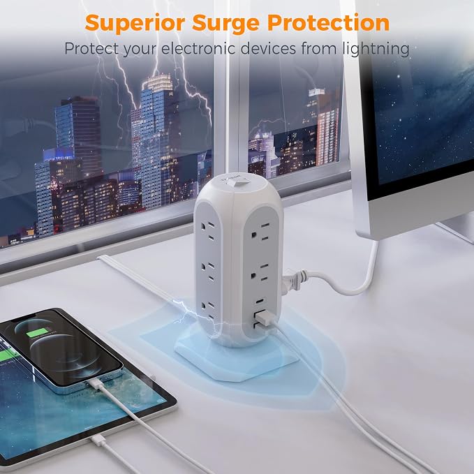 TESSAN Tower Power Strip Flat Plug with 1050J Surge Protection, 15 Ft, Grey | 11 Outlets 3 USB (1 USB C), Surge Protector Power Tower, Extension Cord with Multiple Outlets, Dorm, Office Desk Supplies