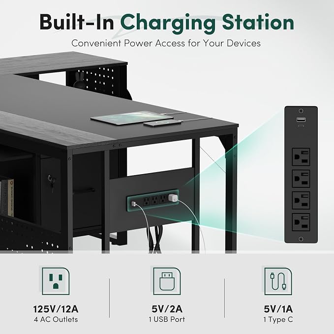 MALOL 70.3" Reversible L-Shaped Office Desk with Power Outlet Computer Desk | Large Executive Desk with Locked File Drawers & Storage Shelves, Pegboard, Mobile CPU Stand, Modern Corner Desk, Grey