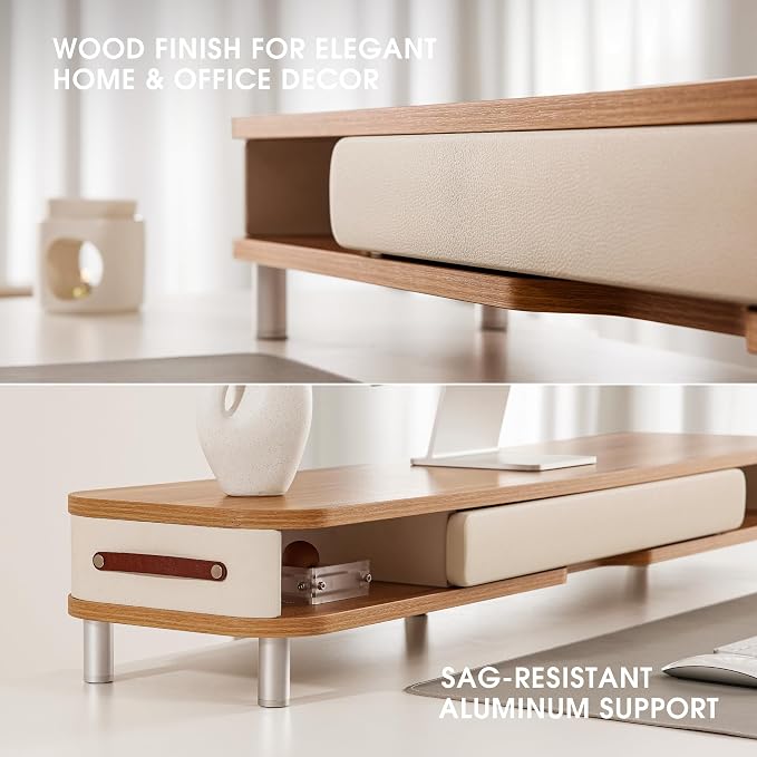 Fenge Dual Monitor Stand with Large Storage Drawer, 42.5" Dsek Shelf, Oak | Slide-Out Drawer with Soft Touch Leather, Ergonomic Monitor Riser, Aluminum leg, 2-Tier Desk Organizer for Laptop, TV, PC