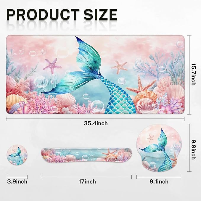 Keyboard Mouse Pad Set, 4 in 1 Desk Mat Set, Mermaid Pink Cute | Large Mousepad+Keyboard Wrist Rest+Mouse Wrist Rest+Coaster Ergonomic Design for Home Office Computer