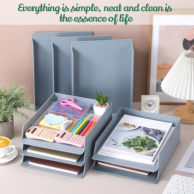 8 Pcs Stackable Paper Trays Rectangular Plastic Desk Holder Desktop Document File Organizer Storage Letter for Office Classroom (Gray)