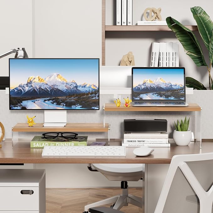 YGYQZ Adjustable Monitor Stand Riser, 7.67"×15.74" Dual Monitor Desk Stand | Adjustable Monitor Riser, Expandable Desk Organizer, 2-Tier Storage, Acrylic Legs, Ergonomic Workspace, Wood Wavy