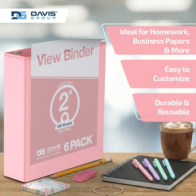 Pack of 6 Premium View Binders, Ring Binders with Clear-View Cover and Interior Pockets, Pastel Color Options, 2 Inch, Blush