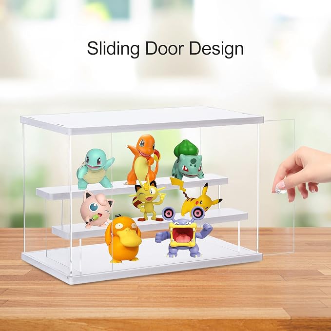 Dezzer Acrylic Display Case Stand with 2 Ladder Shelves, Clear Dustproof Protection Storage Display Box for Collectibles, Action Figures, Miniature Figurines, White (12.4x7x8.6in)