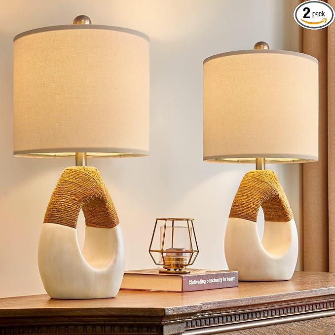19'' Small Boho Table Lamps for Bedroom Set of 2, Farmhouse Rattan Bedroom Lamps for Living Room Rustic Home Decor, Nightstand Bedside Lamps for Sofa Table Entry Way, Suitable for Small Places