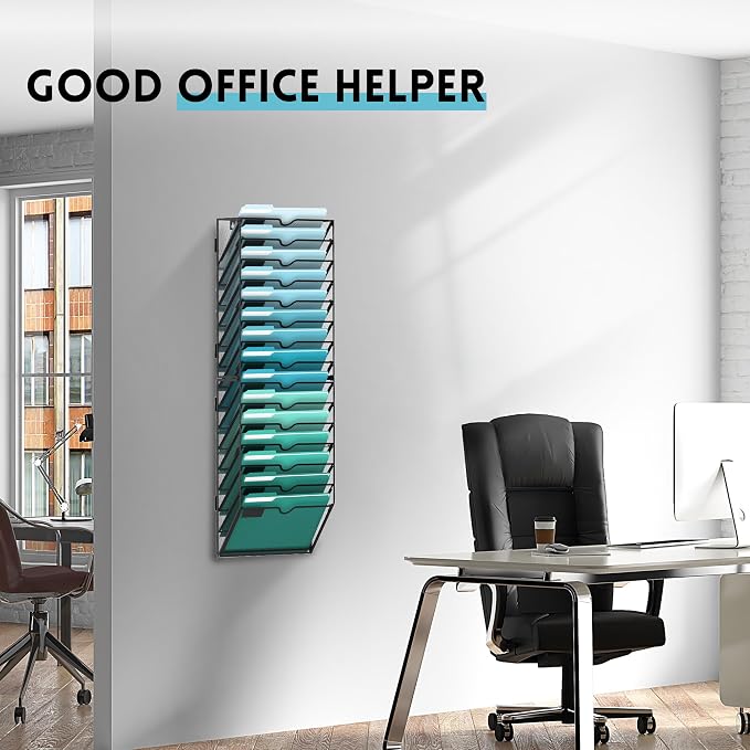 15-Tier Wall File Organizer, Hanging File Holder, Wall Mounted Mail Sorter | Metal Mesh Hanging File Organizer with Open Compartments and Label Panels for Papers and Folders at Home, Office or School