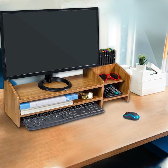 Catekro Monitor Stand Riser, 2 Tiers Wood Monitor Riser Stand Brown | Multi-Purpose Desktop Organizer Riser with Storage Organizer for Computer, Laptop, Printer