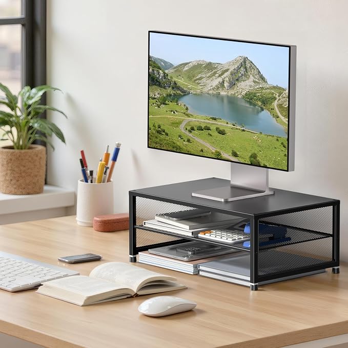 ECOLOVI 2-Tier Computer Monitor Stand Riser, Printer & Laptop Stand, Office Desk Accessories, Workspace Desk Organizer for Home Office Supplies, Black