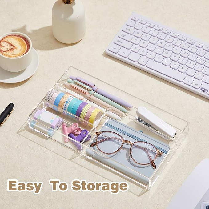 Briwooody 2 Pcs Clear Acrylic Desk Drawer Organizer 11 x 6 x 1.38 Inch Drawer Organizer Trays with 4 Compartments Desk Accessories for Office Makeup Silverware Bathroom