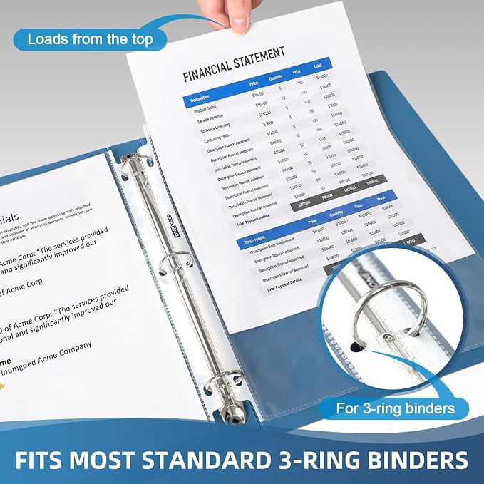 500 Pack Sheet Protectors, Top Loading Reinforced 3-Hole Page | Protectors for 3-Ring Binders, Fits Standard 8.5" x 11" Letter Size Paper, Perfect for Documents & Photos, Office Supplies