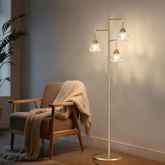 Shenmoyl Stepless Dimming Floor Lamps for Living Room, Bedroom, Gold Standing Lamp with 3pcs 6W Bulbs, Vintage Brass Floor Lamp for Corner, Nursery (Clear Tulip)