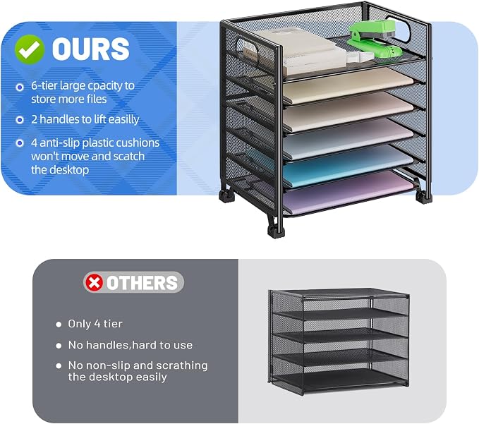 Simple Trending 6-Tier Paper Tray Organizer, File Organizer for Desk, Black | Letter Tray Holder with Handle. Sturdy Metal Frame. Non-slip Feet. Black for Office Home School. 13"L x 8.75"W x 14.6"H