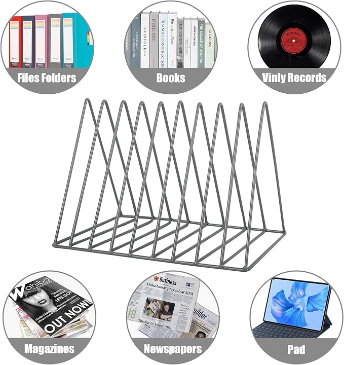 Vinyl Record Holder Storage, 9 Slot Metal Magazine Book Album Display Rack, Stylish Triangle Desktop File Sorter Organizer for Home Office, Grey