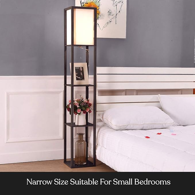 Brightech Maxwell - Modern Shelf Floor Lamp with Lamp Shade & Warm White LED Bulb, Corner Display Floor Lamp with Shelves for Living Room, Bedroom, Nightstand Office, Home Decor Storage - Black