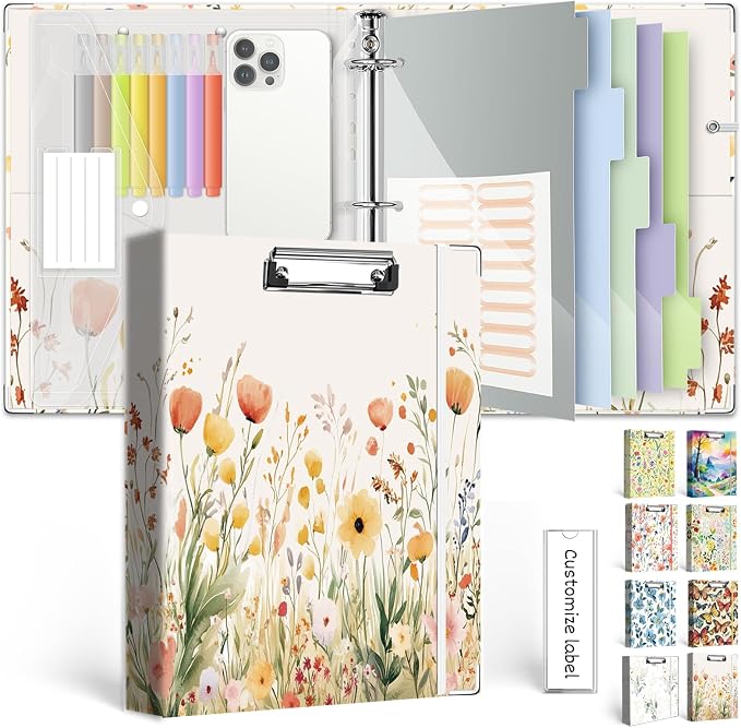 3 Ring 1 Inch Binder Organizer, KLLVE Three Ring Binders with Clipboard, 5-Tabs Pockets Dividers, Plastic Folder, 18 Divider Stikers,Pen Loop (Weeds, Letter Size)