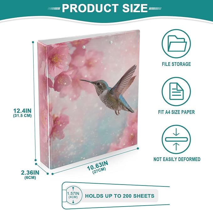 Cherry Blossom and Hummingbird Binder 3 Ring 1.5 Inch Binder with Clipboard&Pockets, Hardcover Binders Heavy Duty Large File Folder for Office School Supplies - Holds 200 Sheets