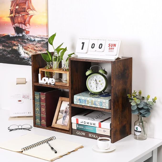 Desktop Shelf Freestanding Wooden Small Bookshelf Desk Supplies Organizers and Accessories Storage Display Rack Office Dorm Decor for Women, Antique Brown