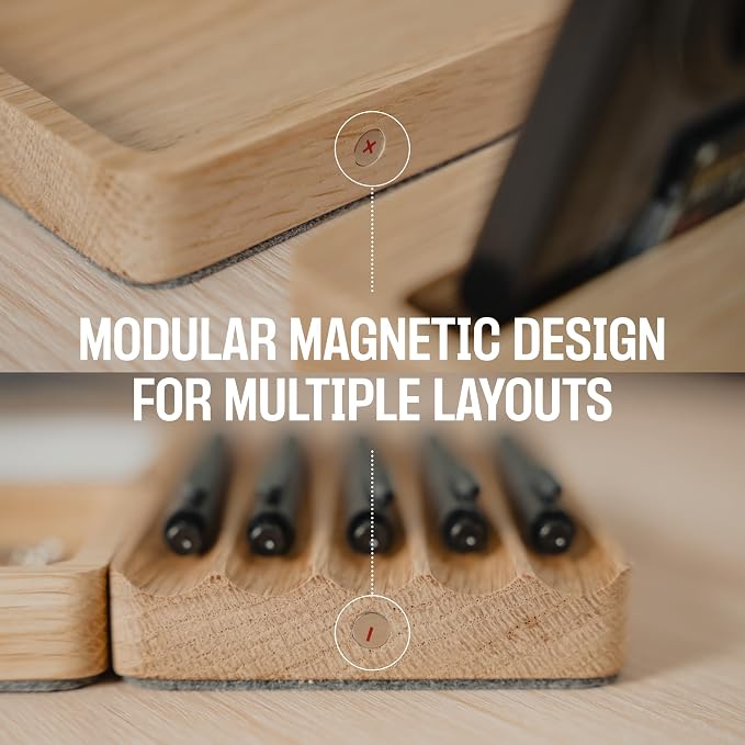COREMINDED Modular Office Desk Organizer Tray Set - Solid Wood Desk Tray with Felt Lining - Desktop Organizer Wood Desk Accessories - Set A
