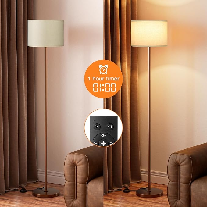 Floor Lamps for Living Room with Remote Control and Stepless Dimmable Colors Temperature & Brightness, 9W Bulb Included(Beige Lampshade & Brown Pole)