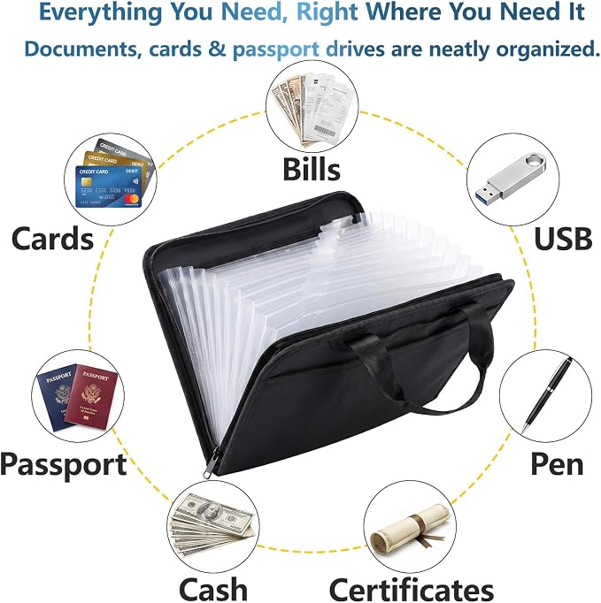 Fireproof Accordion File Organizer Bag A4 13 Pockets Black | Expandable Document Folder, With Handle, Portable, Fire Resistant