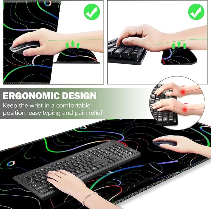 Gaming Mouse Pad Wrist Support Set, XXL Large Desk Mat Mousepad + Keyboard Wrist Support+ Mouse Wrist Rest+Coaster 4in1 Ergonomic, Memory Foam, Stitched Edge for Home Office -Colorful Lines
