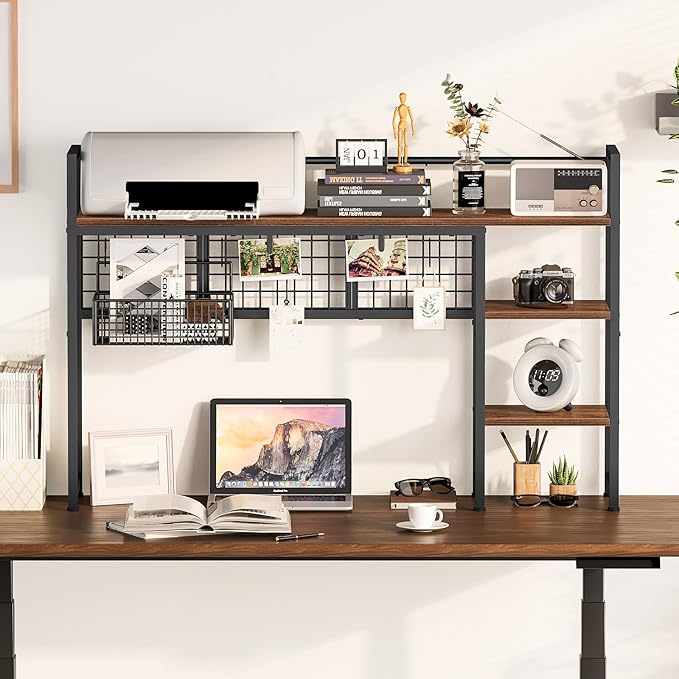Snughome Desk Shelf, 44.9" Desktop Organizer Shelf, Desk Hutch for Computer Monitor, 4 Tier Desk Display Rack with Pegboard Hooks Set, Wood Desktop Bookshelf for Home Office Dorm