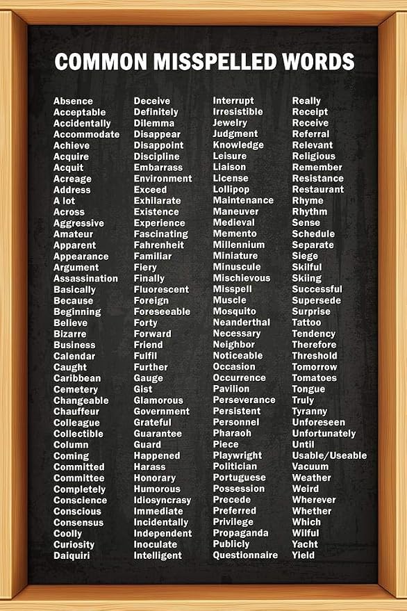 Laminated Commonly Misspelled Words Poster Writing Spelling For Middle School Classroom Elementary High Poster Dry Erase Wall Art 16x24