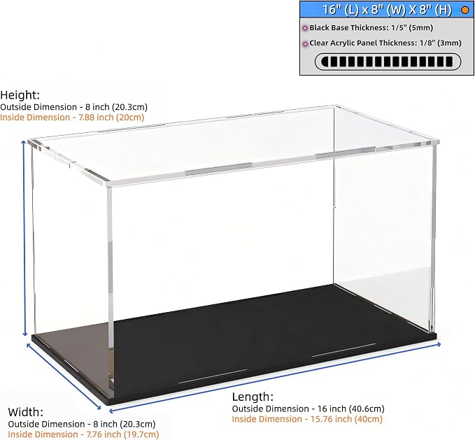 Large Acrylic Display Case, Clear Acrylic Display Box with Matte Base, Dustproof Collectible Storage Cases, DIY Easy Assembly Showcase for Figures, Models, Collectibles, 16 x 8 x 8 inch