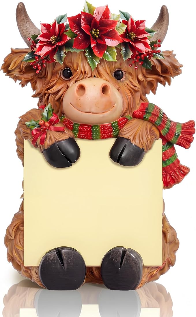 Thenshop Christmas Highland Cow Pop up Sticky Note Dispenser with 100 Sheet | Christmas Sticky Note Holder, Highland Cow Desk Accessories, Resin, Red Green Poinsettia, Back to School Classroom, 3 x 3inch
