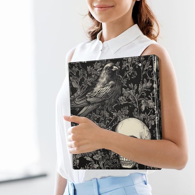 Gothic Skull with Crow Goth Black Binder 1.5 Inch Binder with Clipboard&Pockets, Hardcover Binders 3 Ring, Heavy Duty Large File Folder for Office School Supplies - Holds 200 Sheets