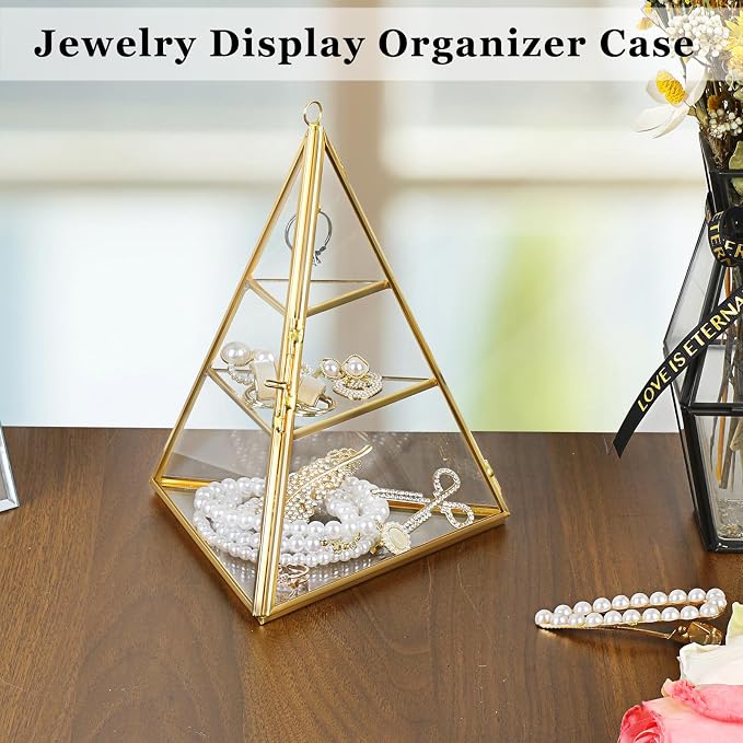 ELLDOO 3 Tier Glass Display Case for Collectibles, Triangular Crystal Display Shelf, Crystal Holder Decorative Display Tray for Crystals Healing Stones Marbles, Gold Metal Jewelry Display Stand