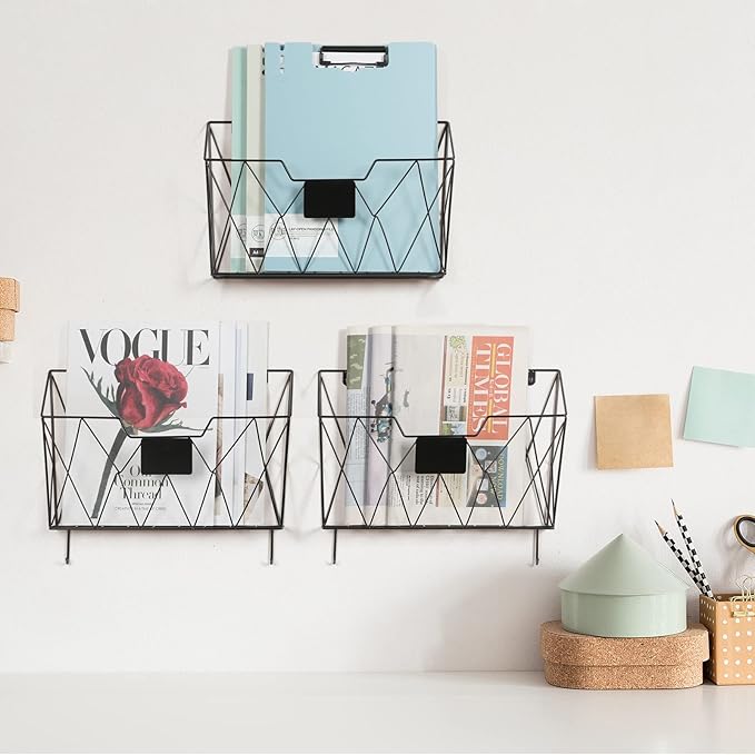 Wall File Organizer, 3 Pack Metal Wall Basket File Holder for Home Office | Vertical Hanging File Organizer, Mail Organizer Wall Mounted Magazine with Label Slot & Hooks, Sorts paper, Mails & Supplies