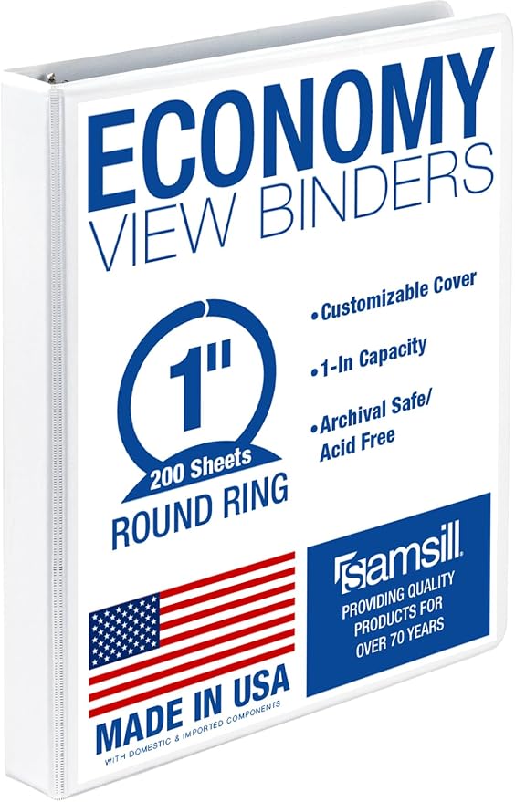 Samsill 1 Inch 3 Ring Binder, Economy Round Ring, Clear View Cover, 200 Sheet Capacity - for School, Home, Office - White