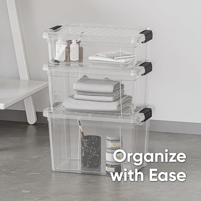 Superio Storage Bins with Lids- 4 Pack, 7.4 Qt Clear Boxes for Organizing, Stackable Plastic Containers- BPA Free, Non-Toxic, Odor Free, Organizer for Home, Office, Dorm