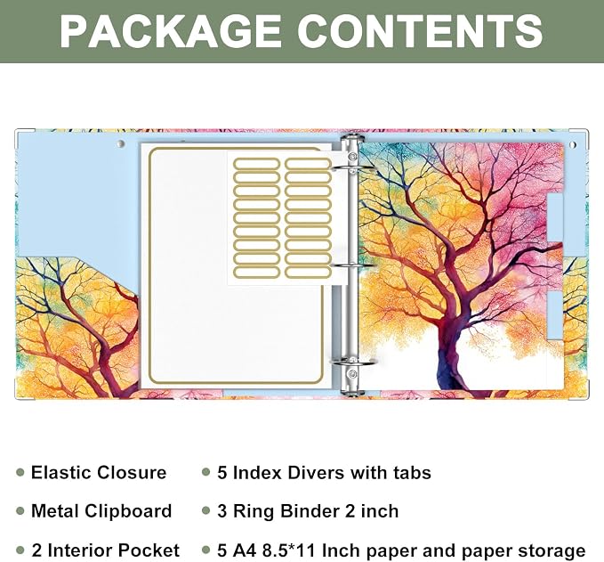 Rouidr 3 Ring Binder, 2 Inch Round Ring Binder Organizer with Clipboard, 5 Dividers Tabs, A4 8.5 x 11 Inch Paper & Clear Sleeves for School, Office Supplies