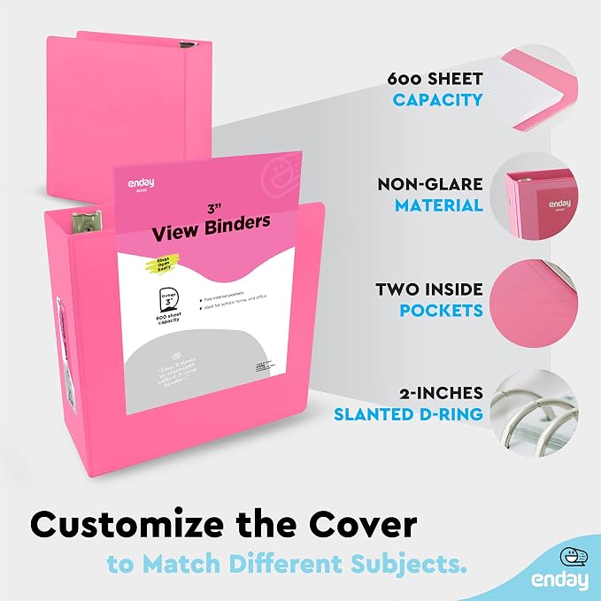 Enday 3 inch Binder (24 Pack - Pink) 3 Ring Binder 3 inch with Clear View Cover and 2 Inside Pocket - for Letter Size 8.5 x 11'' Paper, Ideal for School Supplies, Office, and Home