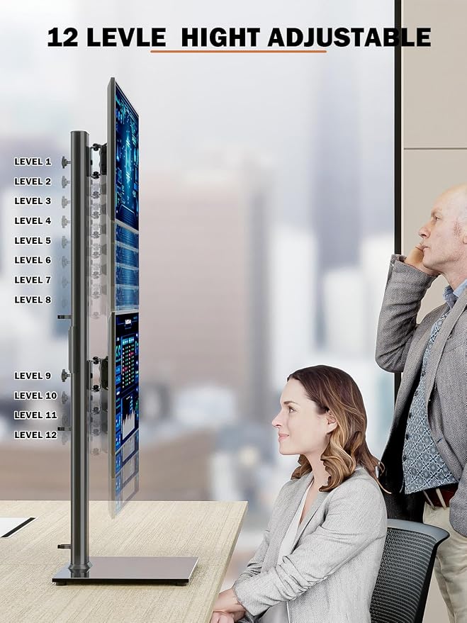 Dual Monitor Stand - Vertical Stack Screen Free-Standing Monitor Riser Fits Two 13 to 34 Inch Screen with Swivel, Tilt, Height Adjustable, Holds One (1) Screen Up to 44Lbs