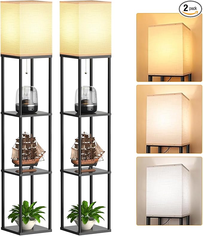 Floor Lamp with Shelves for Living Room 2 Pack, Shelf Floor Lamp with 3 CCT LED Bulb, Corner Display Standing Column Lamp Etagere Organizer Tower Nightstand with White Linen Shade for Bedroom, Office