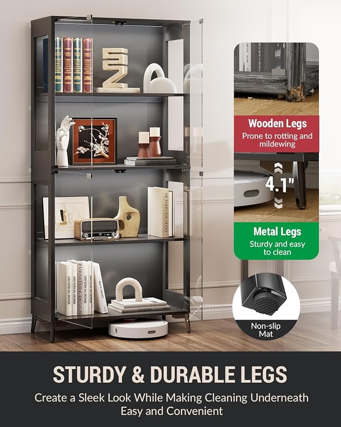 Display Cabinet with Glass Doors, 4-Tier Curio Cabinet with Adjustable Shelves, Glass Display Case for Collectibles, 60000 Color LED Lights with App & Remote Control, Metal Base Storage Cabinet, Black