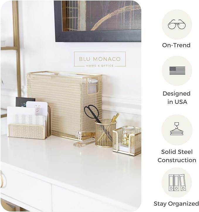 BLU MONACO | Gold Desk File Folder Organizer Set | Desktop Hanging File Organizer with Letter Size Holder | Hanging File Folders Organizer Office Accessories