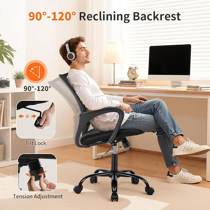 FDW Ergonomic Office Chair Home Desk Chair Task Mesh Computer Chair Gaming with Back Lumbar Support Armrest Modern Swivel Modern Adjustable Rolling Executive Mesh Chair for Women Men (Black) | with Lumbar Support & Adjustable Height | Breathable Mid-Ba...