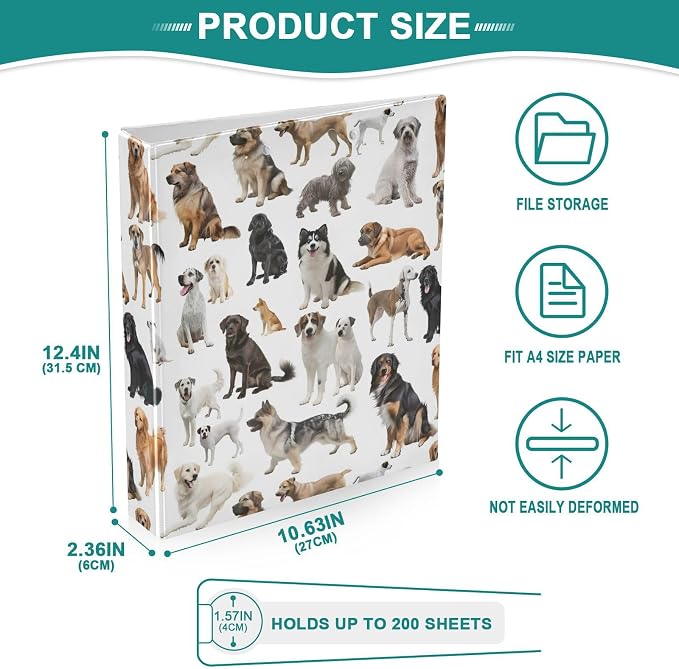 3 Ring Binder, Various Types of Dogs File Folder Holds 200 Sheets File Storage for Women Men School Office Supplie