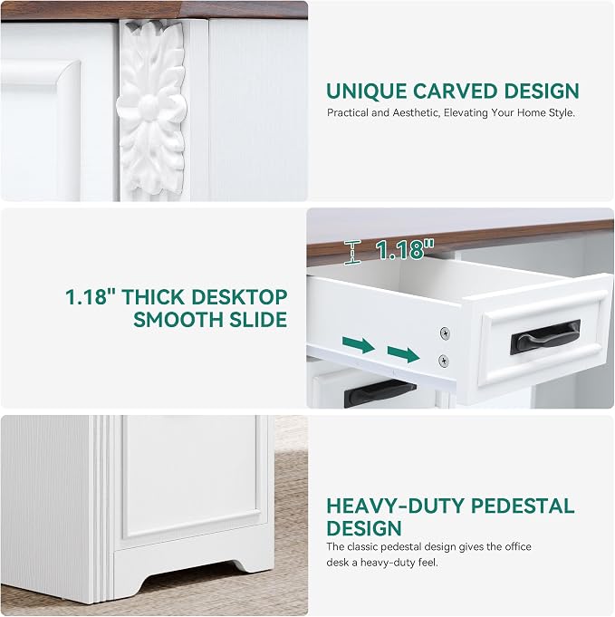YITAHOME L Shaped Executive Desk with Lift Top & Drawers | Lift Top & Drawers, Farmhouse Corner Computer Desk, Power Outlets, Carved Design Wood, Storage Cabinet