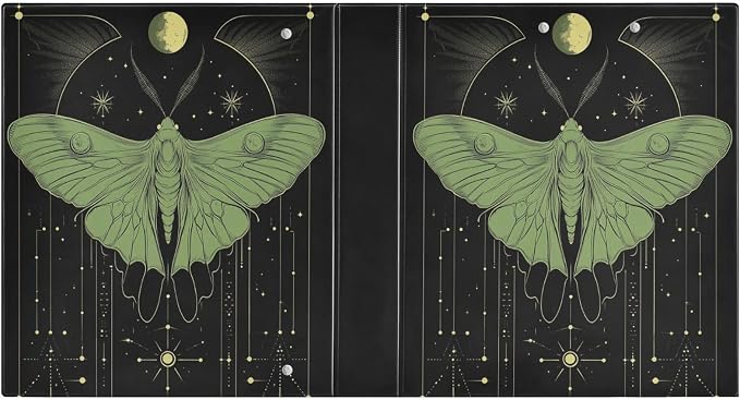 Gothic Luna Moth 1.5 Inch Binders 3 Ring with Clipboard&2 Pockets Large Heavy Duty Binders Decorative D-Ring Binder Flexible Green and Black Goth Hardcover Binders, Holds 200 Sheets