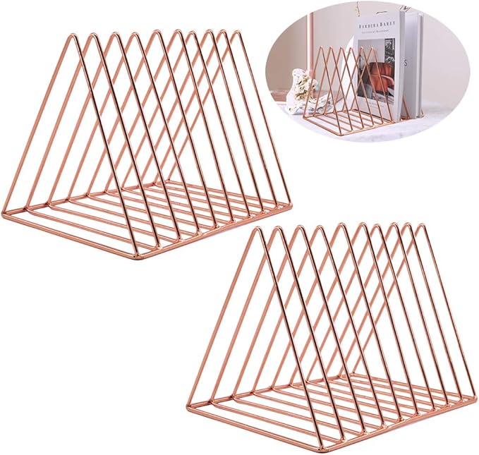9 Slot Magazine Rack Book Record Holder, Desktop Iron Storage Rack Bookshelf Multifunction Triangle File Organizer Sorter for Decor Home Office, Rose Gold Pack of 2